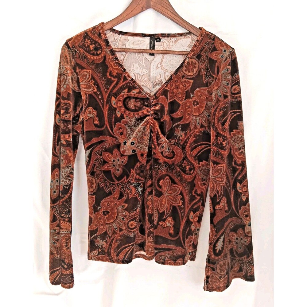 Olivia Paige Paisley Stretch Velvet Bell Sleeve Blouse XL Made in USA